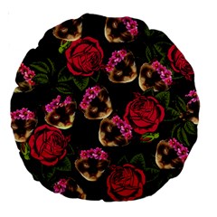 Lazy Cat Floral Pattern Black Large 18  Premium Round Cushions by snowwhitegirl