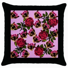 Lazy Cat Floral Pattern Pink Throw Pillow Case (black) by snowwhitegirl