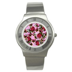 Lazy Cat Floral Pattern Pink Stainless Steel Watch by snowwhitegirl