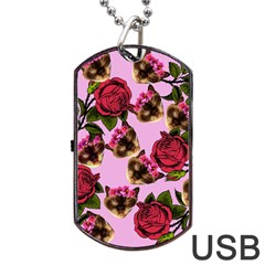 Lazy Cat Floral Pattern Pink Dog Tag Usb Flash (one Side) by snowwhitegirl