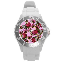 Lazy Cat Floral Pattern Pink Round Plastic Sport Watch (l) by snowwhitegirl