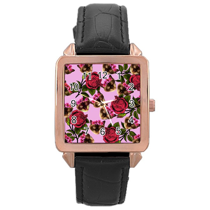 Lazy Cat Floral Pattern Pink Rose Gold Leather Watch 