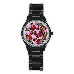 Lazy Cat Floral Pattern Pink Stainless Steel Round Watch by snowwhitegirl