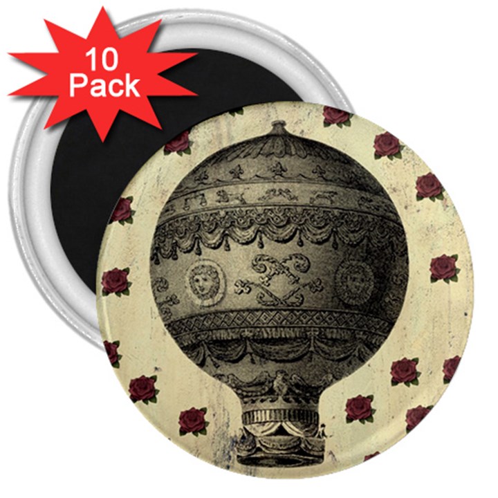 Vintage Air Balloon With Roses 3  Magnets (10 pack) 