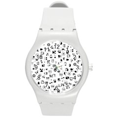 Black Abstract Symbols Round Plastic Sport Watch (m) by FunnyCow