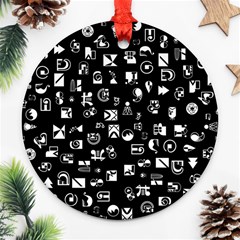 White On Black Abstract Symbols Ornament (round) by FunnyCow