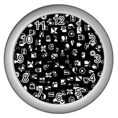 White On Black Abstract Symbols Wall Clock (silver) by FunnyCow