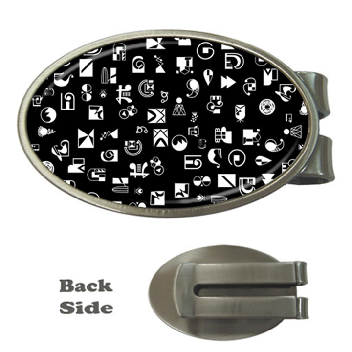 White On Black Abstract Symbols Money Clips (Oval) 