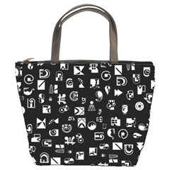 White On Black Abstract Symbols Bucket Bag by FunnyCow