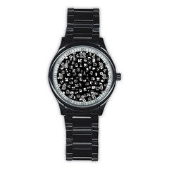 White On Black Abstract Symbols Stainless Steel Round Watch by FunnyCow