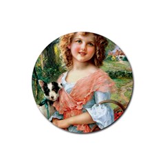 Girl With Dog Rubber Round Coaster (4 Pack)  by vintage2030