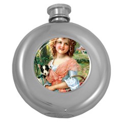 Girl With Dog Round Hip Flask (5 Oz) by vintage2030