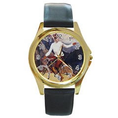 Woman On Bicycle Round Gold Metal Watch by vintage2030