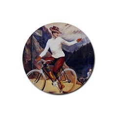 Woman On Bicycle Rubber Coaster (round)  by vintage2030