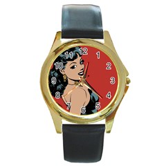 Comic Girl Round Gold Metal Watch