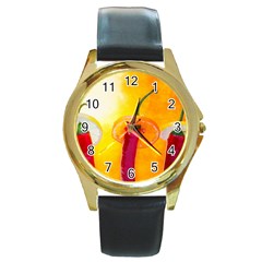 Three Red Chili Peppers Round Gold Metal Watch by FunnyCow