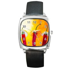 Three Red Chili Peppers Square Metal Watch by FunnyCow