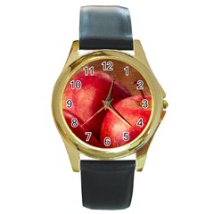 Three Red Apples Round Gold Metal Watch by FunnyCow