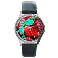 Red Strawberries Round Metal Watch by FunnyCow