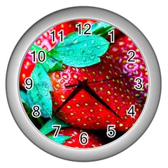 Red Strawberries Wall Clock (silver) by FunnyCow