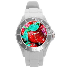 Red Strawberries Round Plastic Sport Watch (l) by FunnyCow