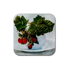 Red Raspberries In A Teacup Rubber Coaster (square)  by FunnyCow