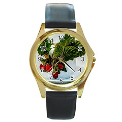 Red Raspberries In A Teacup Round Gold Metal Watch by FunnyCow