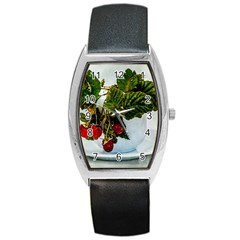 Red Raspberries In A Teacup Barrel Style Metal Watch by FunnyCow