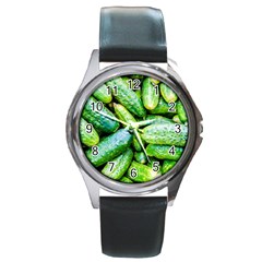 Pile Of Green Cucumbers Round Metal Watch by FunnyCow