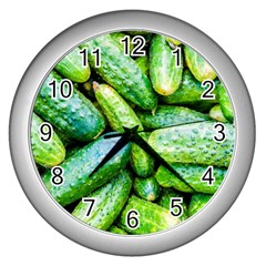 Pile Of Green Cucumbers Wall Clock (silver) by FunnyCow