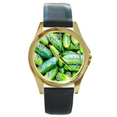 Pile Of Green Cucumbers Round Gold Metal Watch by FunnyCow