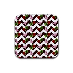 Cat Rose Chevron Rubber Coaster (square)  by snowwhitegirl