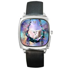 Cute Little Maltese Puppy On The Moon Square Metal Watch by FantasyWorld7