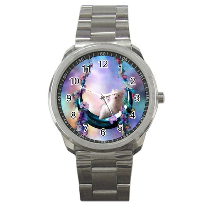 Cute Little Maltese Puppy On The Moon Sport Metal Watch