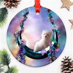 Cute Little Maltese Puppy On The Moon Ornament (round) by FantasyWorld7