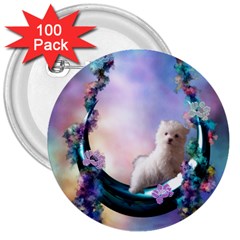 Cute Little Maltese Puppy On The Moon 3  Buttons (100 Pack)  by FantasyWorld7