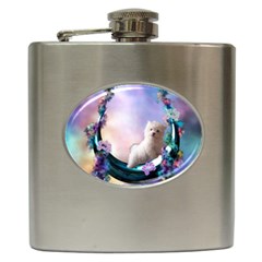 Cute Little Maltese Puppy On The Moon Hip Flask (6 Oz) by FantasyWorld7