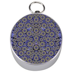 Blue Small Wonderful Floral In Mandalas Silver Compasses by pepitasart