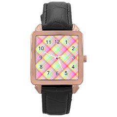 Pastel Rainbow Tablecloth Diagonal Check Rose Gold Leather Watch  by PodArtist