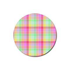 Pastel Rainbow Sorbet Ice Cream Check Plaid Rubber Round Coaster (4 Pack)  by PodArtist