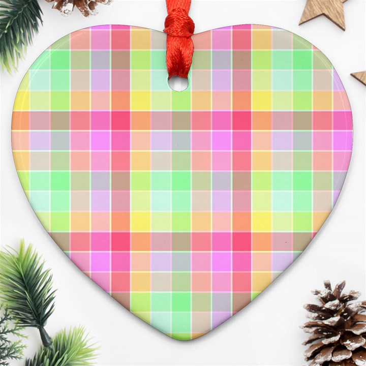 Pastel Rainbow Sorbet Ice Cream Check Plaid Heart Ornament (Two Sides)