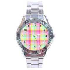 Pastel Rainbow Sorbet Ice Cream Check Plaid Stainless Steel Analogue Watch by PodArtist