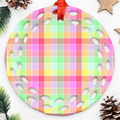 Pastel Rainbow Sorbet Ice Cream Check Plaid Round Filigree Ornament (two Sides) by PodArtist