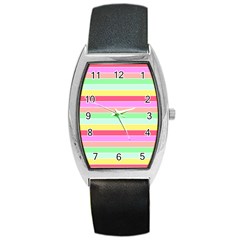 Pastel Rainbow Sorbet Horizontal Deck Chair Stripes Barrel Style Metal Watch by PodArtist