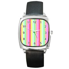 Pastel Rainbow Sorbet Deck Chair Stripes Square Metal Watch by PodArtist