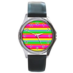 Neon Hawaiian Rainbow Horizontal Deck Chair Stripes Round Metal Watch by PodArtist