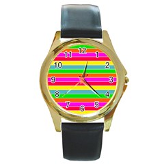 Neon Hawaiian Rainbow Horizontal Deck Chair Stripes Round Gold Metal Watch by PodArtist