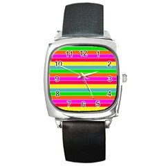 Neon Hawaiian Rainbow Horizontal Deck Chair Stripes Square Metal Watch by PodArtist