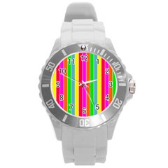 Neon Hawaiian Rainbow Deck Chair Stripes Round Plastic Sport Watch (l) by PodArtist