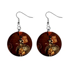 Funny Steampunk Skeleton, Clocks And Gears Mini Button Earrings